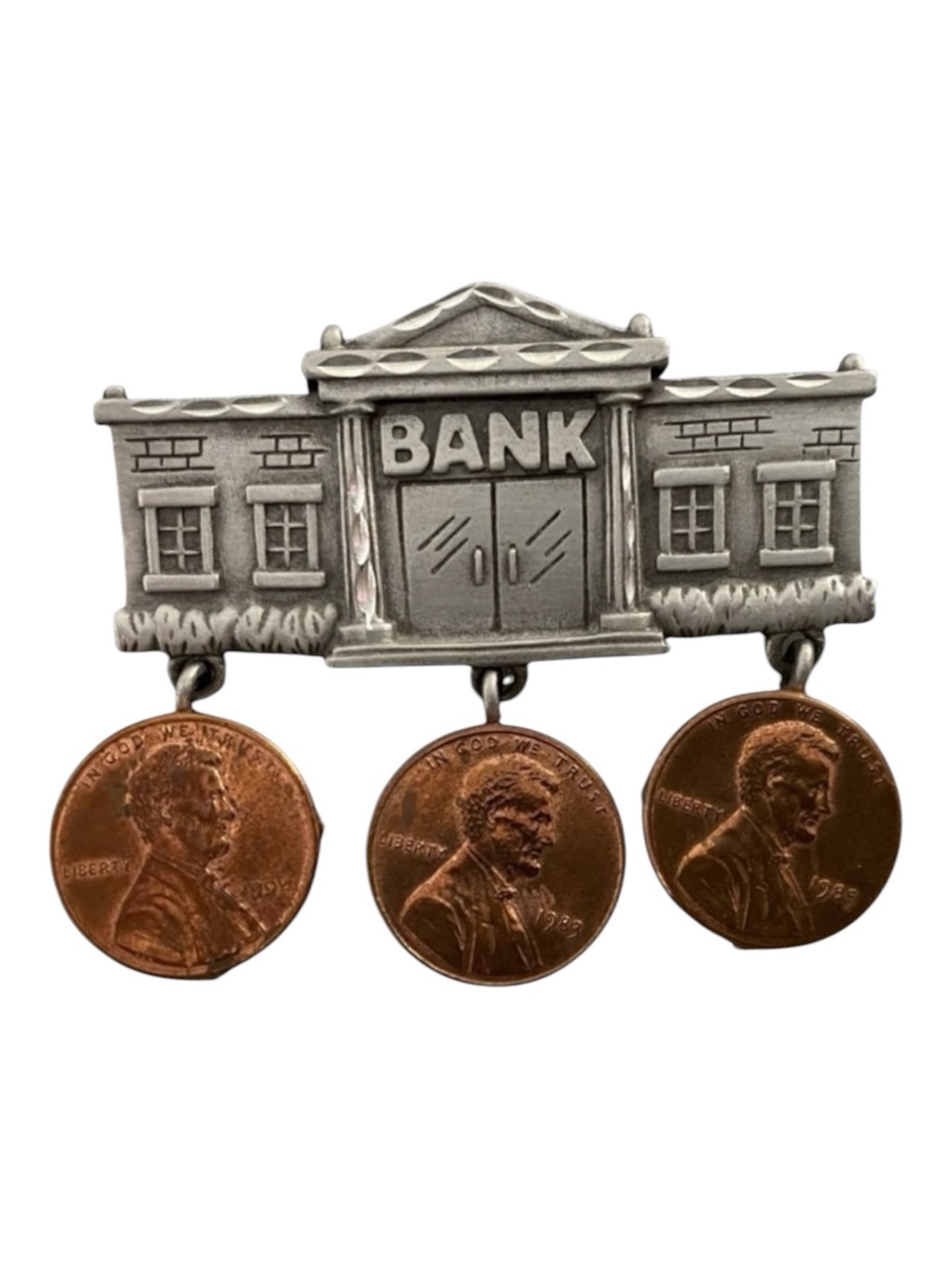 US Bank With Real Pennies Brooch Signed JJ